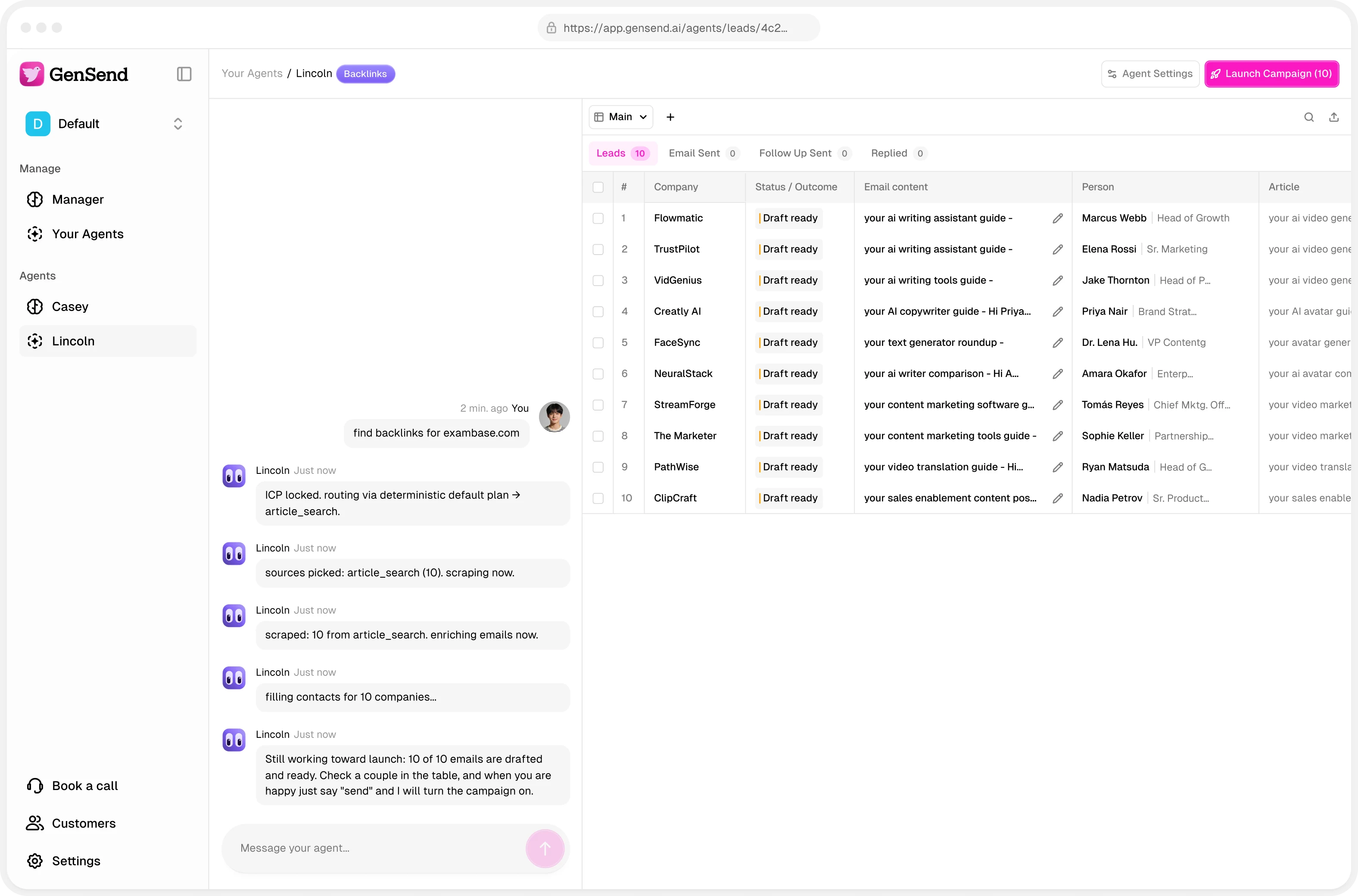 GenLink dashboard: the Lincoln agent finds backlink opportunities, drafts personalized outreach, and fills a live leads table ready to launch.