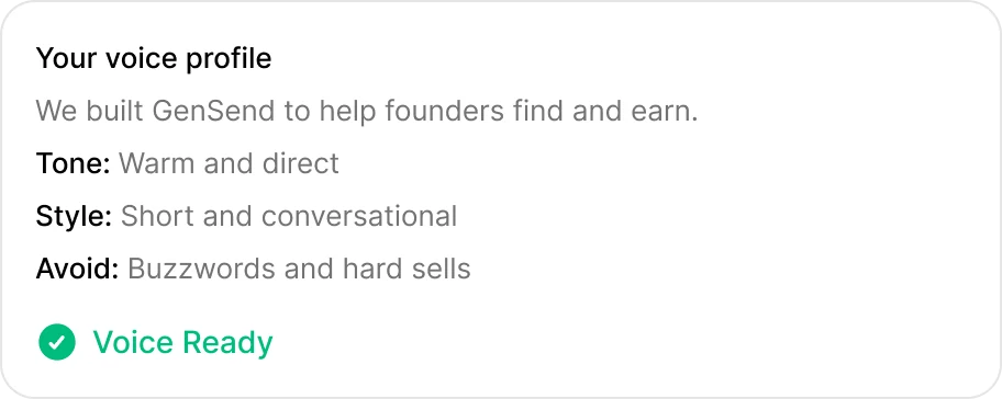 Your voice profile: tone warm and direct, style short and conversational, avoid buzzwords and hard sells. Voice ready.